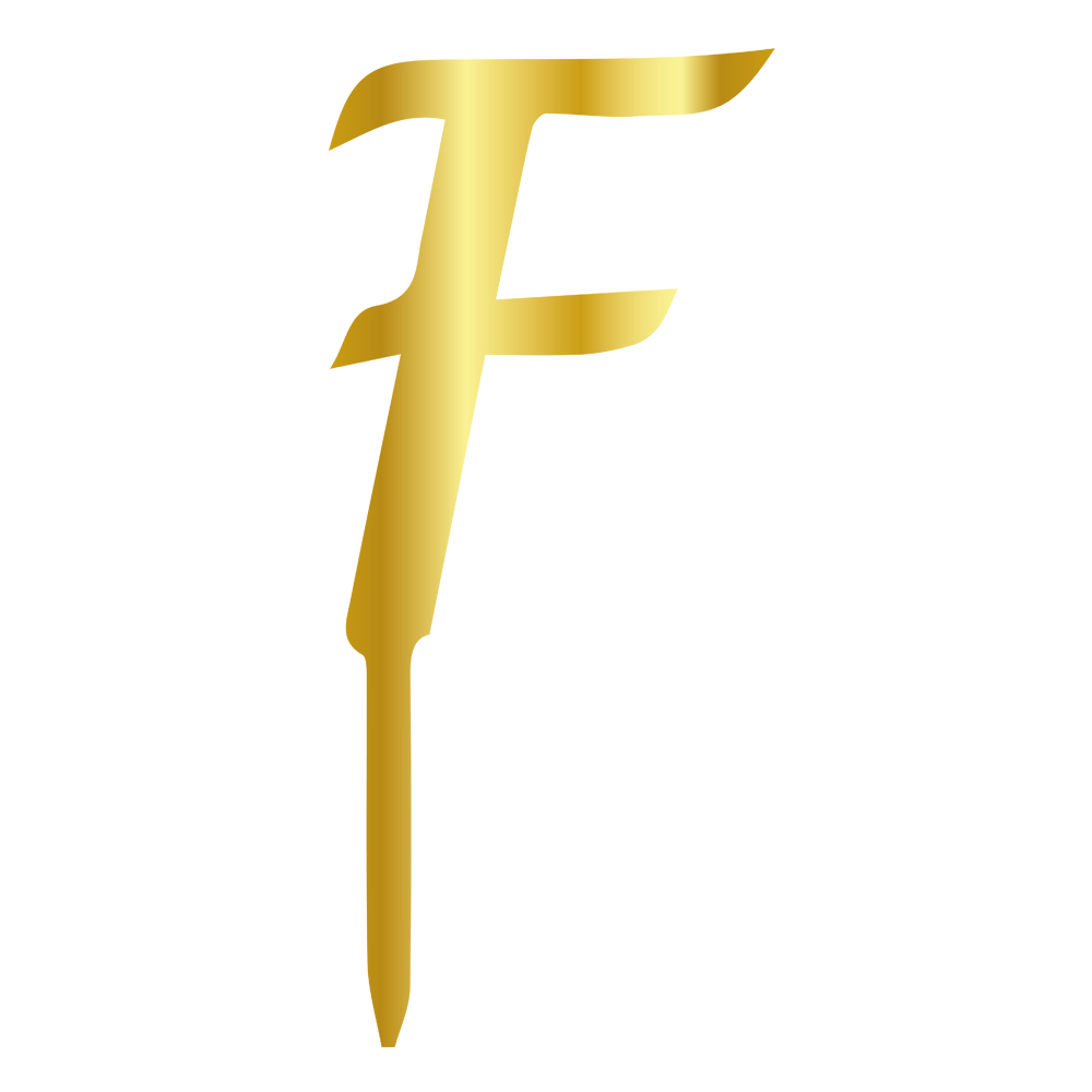 F LETTER, GOLD MIRROR PLEXI, CAKETOPPER - 6 CM 