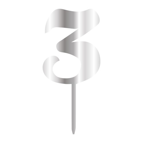 3 NUMBER, SILVER MIRROR PLEXI, CAKETOPPER - 6 CM