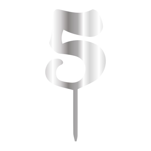 5 NUMBER, SILVER MIRROR PLEXI, CAKETOPPER - 6 CM