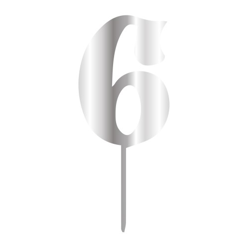 6 NUMBER, SILVER MIRROR PLEXI, CAKETOPPER - 6 CM