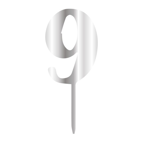 9 NUMBER, SILVER MIRROR PLEXI, CAKETOPPER - 6 CM